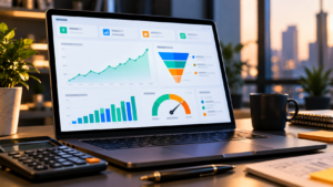 Analytics dashboard on a laptop showing rising revenue and conversion funnel metrics. 