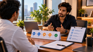 Founder interviewing a freelance marketer with a checklist and signed agreement on the table.