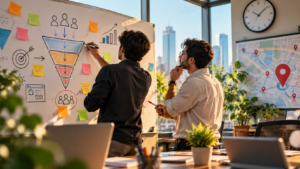 Founder and marketer sketching a marketing funnel together on an office whiteboard.